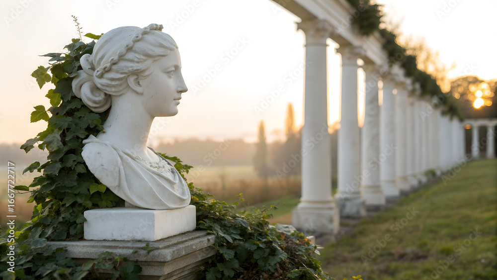 Obraz premium angel statue in the park , Classical Bust and Columns , Marble Bust with Ivy Near Classical Columns at Sunset