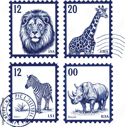 Four Blue Silhouette Stamps Featuring African Wildlife and Postage Markings mail postal