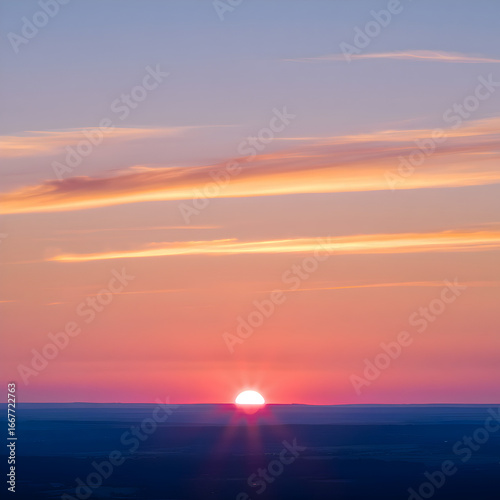 Photorealistic digital art of sunset with glowing sun over mountainous horizon, dramatic sky in orange and purple palette, serene 8K detailed vibrant landscape