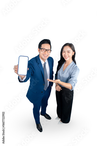 Φωτογραφία Businesspeople show off a modern mobile phone, presenting a new tech