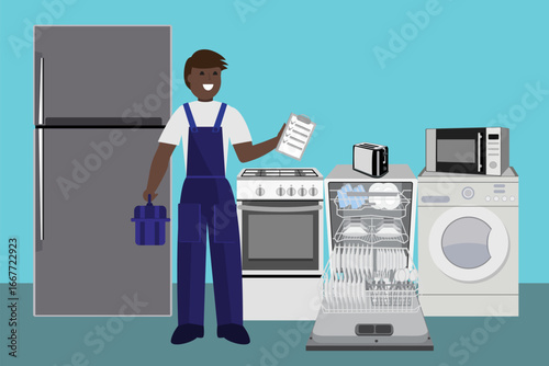 Home appliance repair master concept. Repair master holds a list of completed works. Vector flat illustration