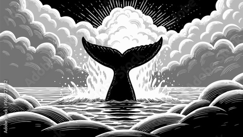 Whale tail breaching the water surface with clouds and sun rays in a monochrome illustration style silhouette