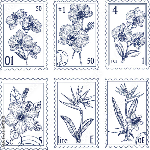 Six blue floral postage stamps with perforated edges flower botanical