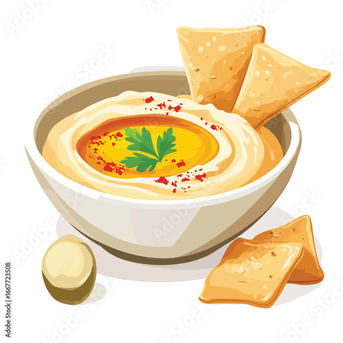 flat vector of hummus bowl with olive oil and pita chips on the side, Middle Eastern healthy snack