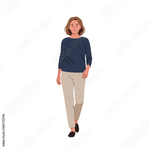 Woman walking confidently in casual clothes with blue top and beige pants vector illustration 
