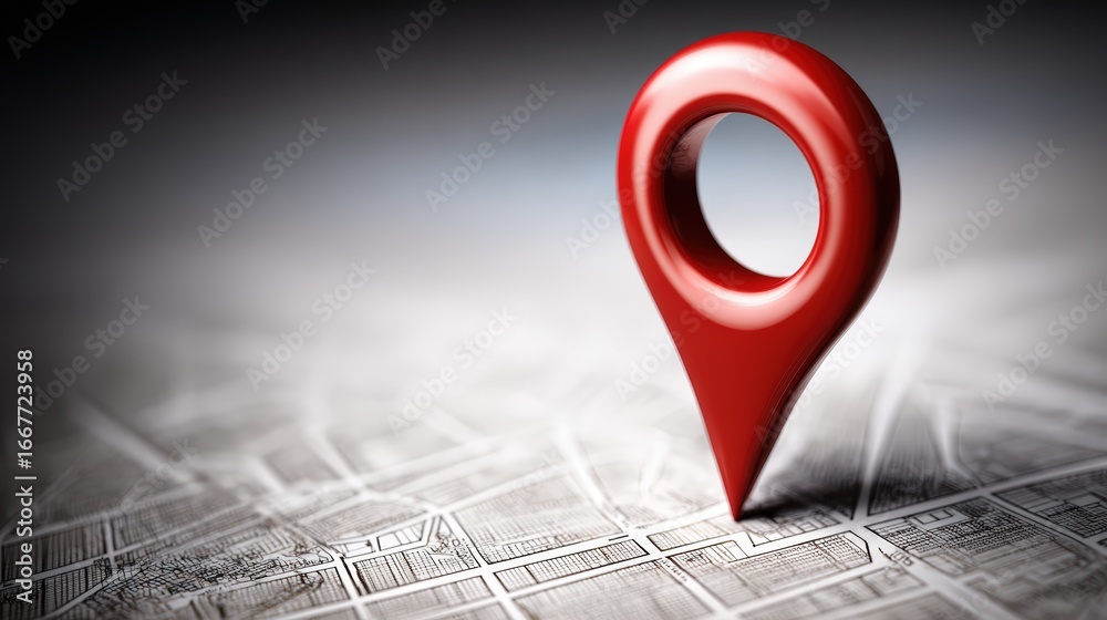 Fototapeta premium Close-up of a bright red map pin marker standing on a detailed city map with streets and grid lines for navigation
