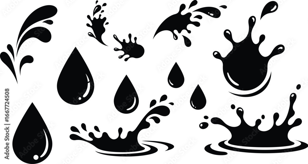 Naklejka premium Black Ink Splatter and Droplet Icons Set splash
