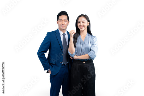 Two  Asian professional individuals posing together, an Asian couple, smartly dressed in business attire on PNG background