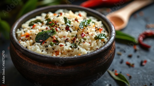 Spicy rice bowl, herbs, chili, dark background, food photography