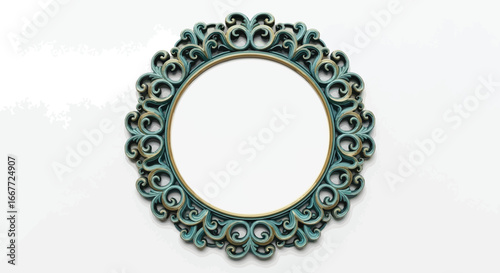 Ornate turquoise and gold frame with intricate swirls on a white background providing a blank space