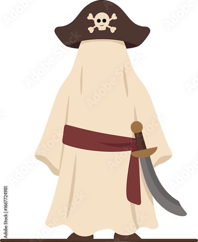 Cartoon Pirate Ghost with Sword and Hat.