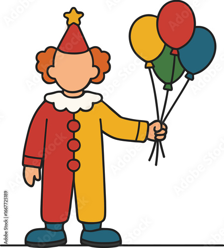 Cheerful cartoon clown holding a bunch of colorful balloons.