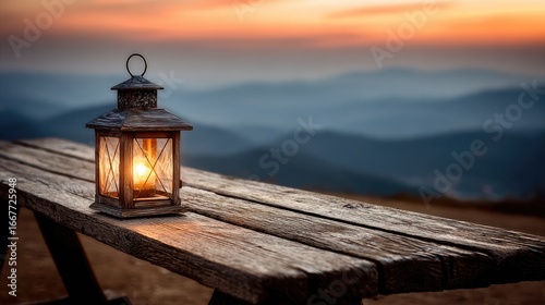 Lantern Glow on a Wooden Surface at Sunset