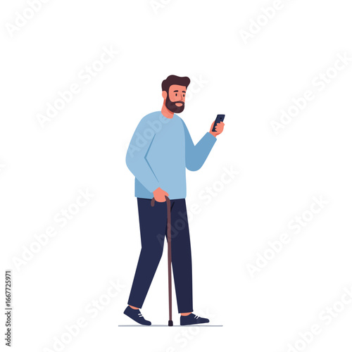 Man with walking cane using smartphone in casual clothing vector illustration 