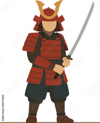 Japanese Samurai Warrior in Traditional Armor Holding a Sword.