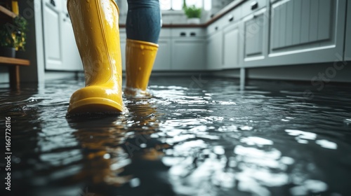 Woman in yellow boots wading through flooded kitchen floor