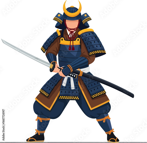 Japanese Samurai Warrior in Traditional Armor Holding Katana Sword.