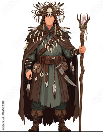 Mysterious shaman with skull headdress and crystal staff.