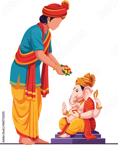 Person in traditional attire offering flowers to Lord Ganesha.