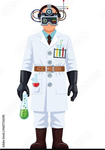 Scientist in Futuristic Goggles Holding Flask with Green Liquid.