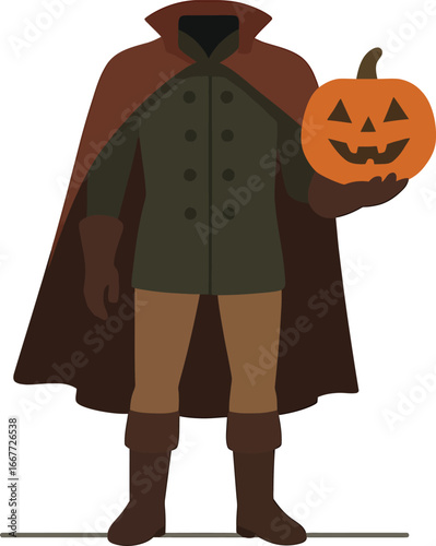 Spooky headless figure in cape holding a jackolantern.