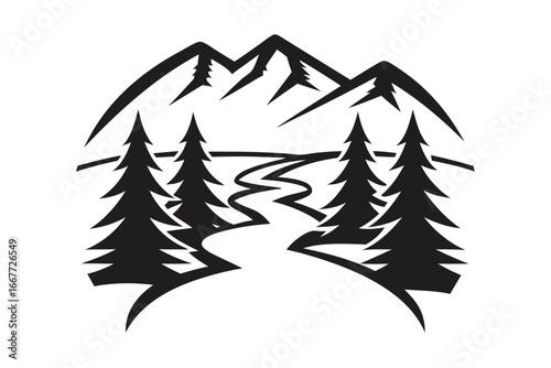 Mountain River Landscape Icon Peaks Evergreen Trees White Background