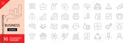 Business related icons set. Containing finance, strategy, management, growth, marketing, analysis, teamwork, and planning. Editable stroke. outline icons. Vector illustration. Icon collection.