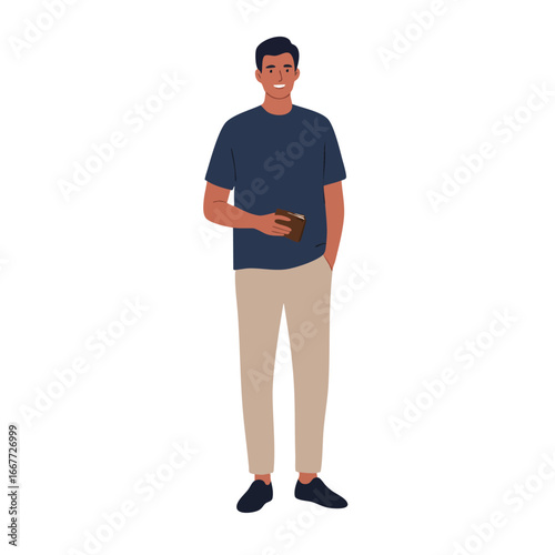 Young man holding a wallet smiling casually with navy blue shirt and beige pants standing vector illustration 