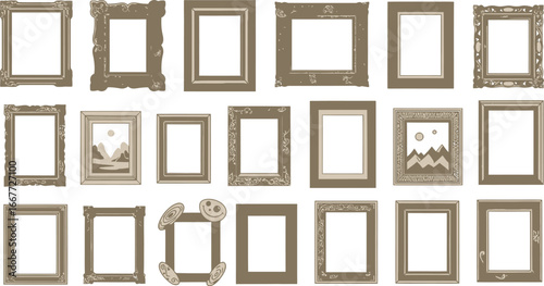 Collection of various ornate picture frames with different designs and styles on a white background