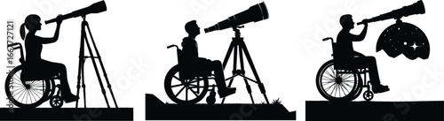 Silhouettes of people in wheelchairs using telescopes under a starry night sky diverse astronomers 