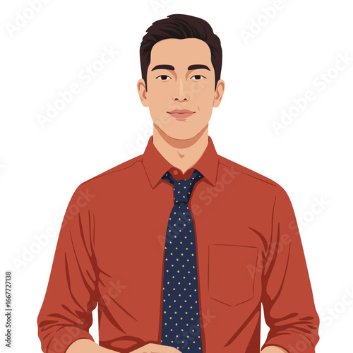 Young man in red shirt with navy blue tie vector illustration casual style portrait 