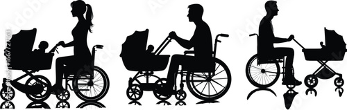 Silhouettes of people in wheelchairs pushing strollers showing inclusion and family life