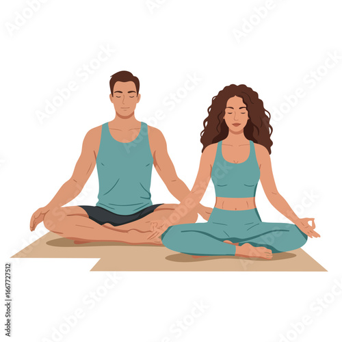 Couple practicing yoga meditation in casual sportswear sitting cross-legged on mat for wellness and relaxation 