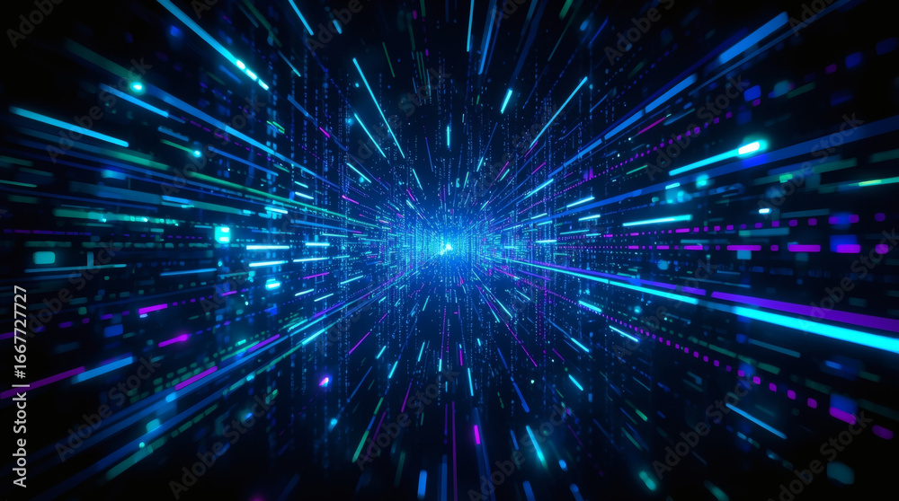 Fototapeta premium Abstract Digital Data Stream with a Vibrant Motion Blur and Binary Code - A High-Tech Concept of Technology and AI.