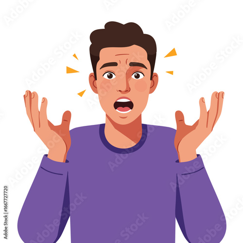 Young man expressing shock and surprise with raised hands and open mouth vector illustration 