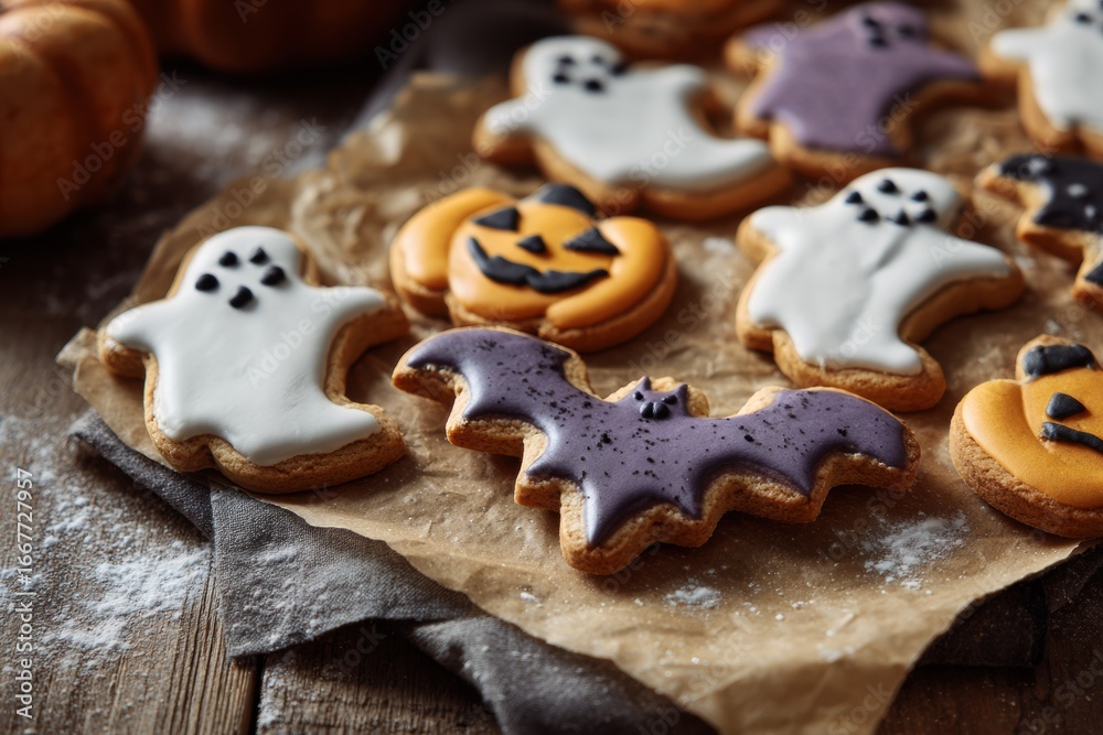 Fototapeta premium halloween cookies with spooky designs including bats ghosts pumpkins and spiderwebs on rustic wooden table, festive dessert concept of bakery confectionery seasonal advertising