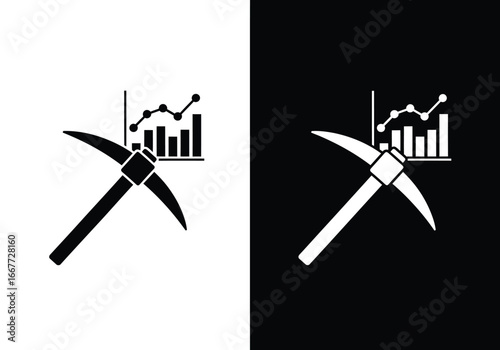 Black and white pickaxe icon with a graph overlay, representing data analysis in mining or investment.