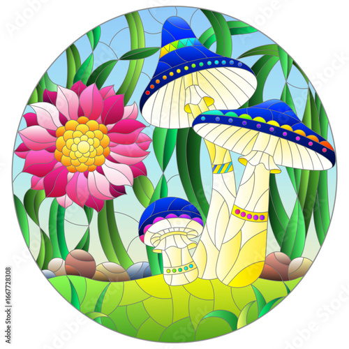 A stained glass window illustration with mushrooms and a flower on a meadow and sky background