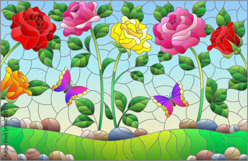 A stained glass illustration with bright roses, and butterflies on a meadow and sky background