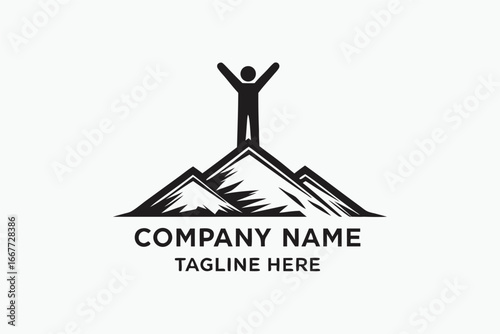 Mountain Top Silhouette with Victorious Person on White Background