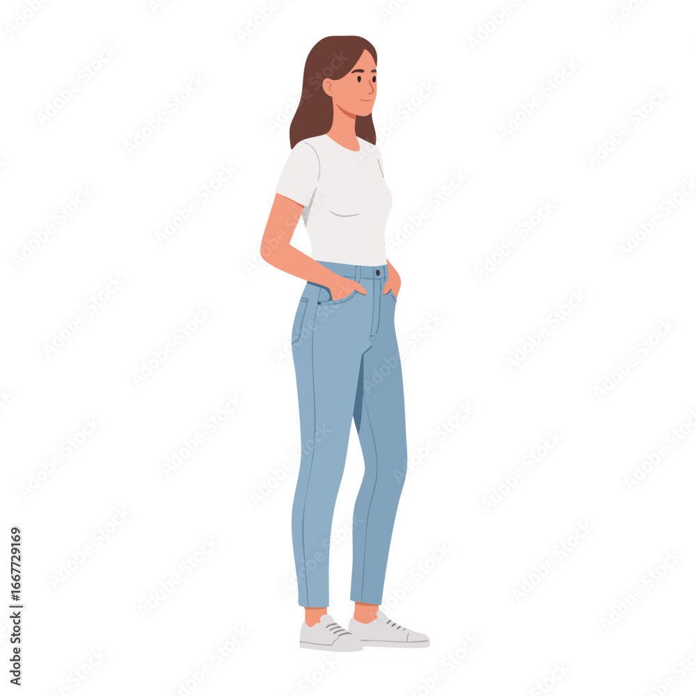 Fototapeta premium Young woman standing with hands in pockets wearing white t-shirt and blue jeans casual style illustration 