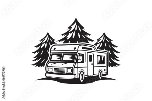 Monochrome Recreational Vehicle amidst Evergreen Trees in White Background