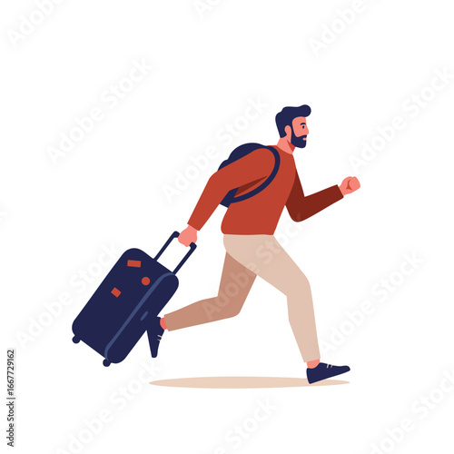Man Running with Rolling Suitcase in Casual Clothes for Travel or Commuting Purposes Vector Illustration 