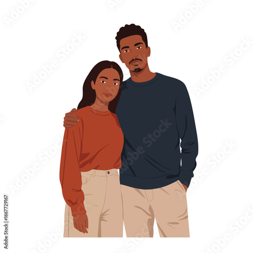 Young African American couple standing close together in casual clothes embracing with neutral background vector illustration 