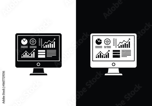 Black and white computer screen displaying various data charts and graphs.