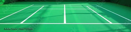 Emerald green tennis court surface, net in view, competition, tennis, top view