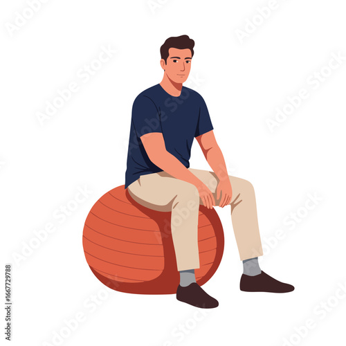 Young man sitting on orange exercise ball in casual outfit fitness and relaxation concept vector illustration 