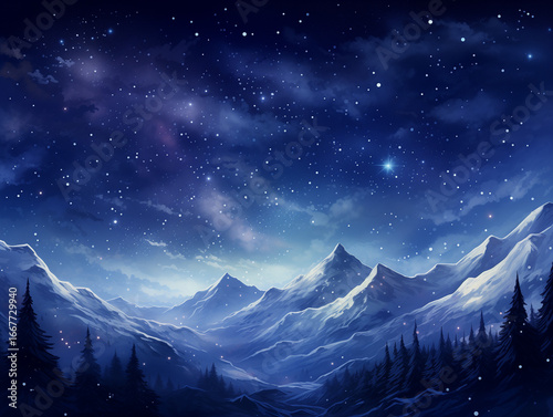 Starry night sky over snowy mountain landscape