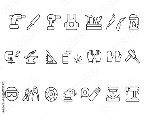 Set of outline icons related to metalworking. Linear icon collection