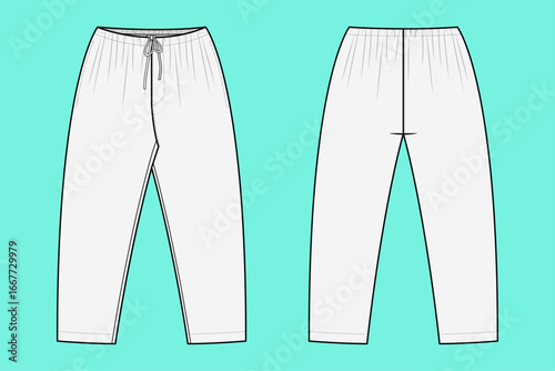 Unisex Regular Fit Easy Trousers Pant Apparel Flat Sketch Outline CAD Mockup Template.